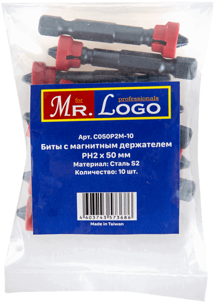 Бита с магнитным держателем PH2*50мм Сталь S2 (10шт.) PE Bag Mr. Log C050P2M-10 - интернет-магазин «Стронг Инструмент» город Санкт-Петербург